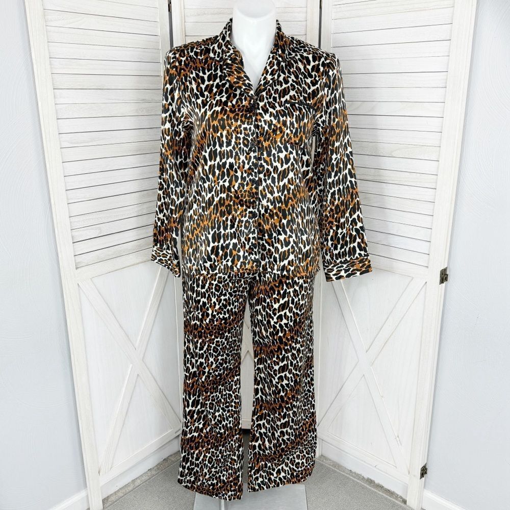 Betsy‎ Johnson Leopard Print Sateen Flannel Pajama Set Brown Black Large